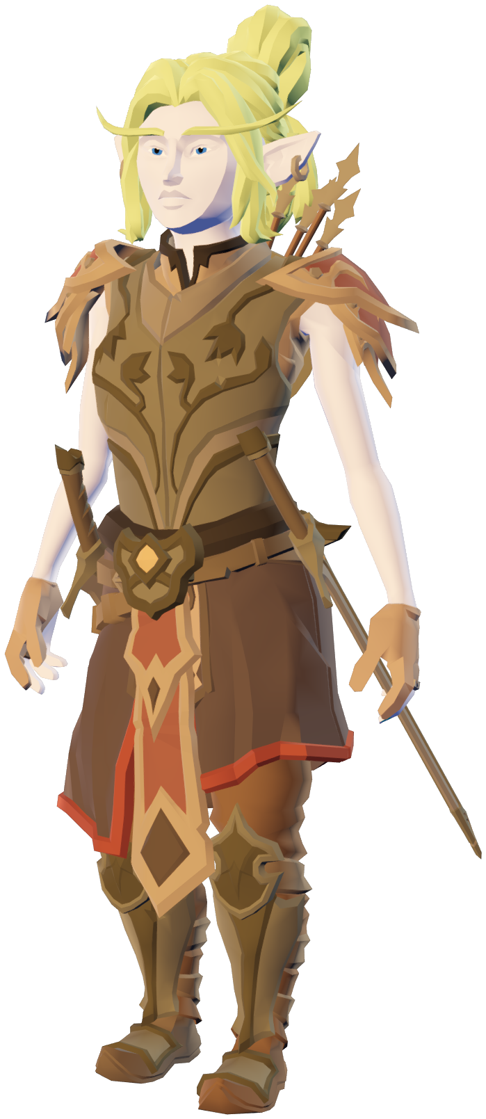 Askel the Huntmaster, an elven archer in leather and gold armour with a quiver of arrows